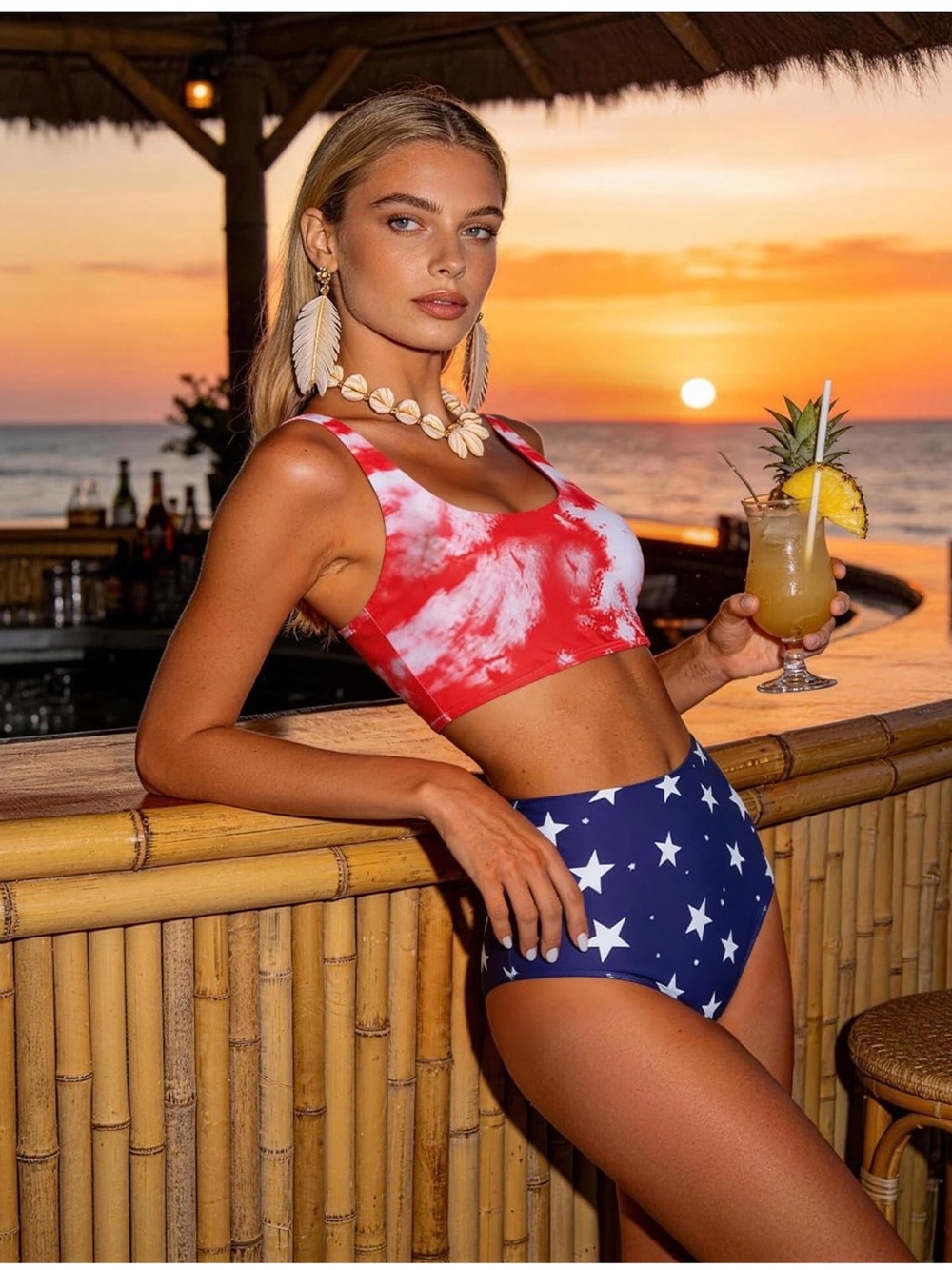 Adisputent Womens High Waisted Bikini American Flag Swimwear Bandeau Top NWT